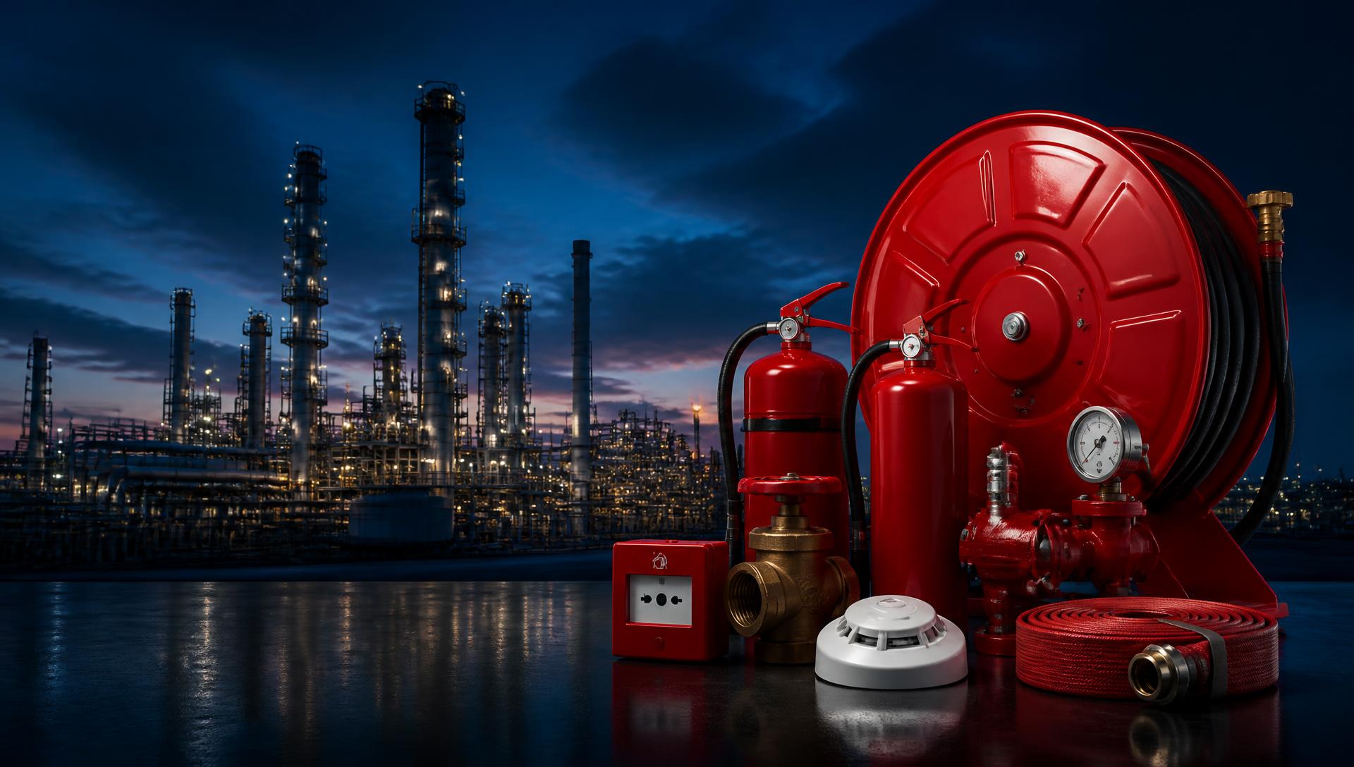 Oil refinery at dusk with fire fighting equipment